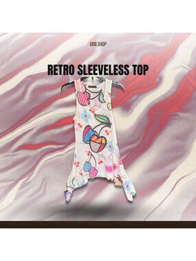 RETRO Sleeveless Top With Colorful Cherry & Heart Print Asymmetrical Hem Lightwe